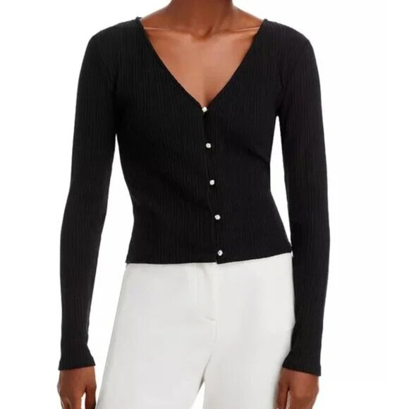 VINCE Women's Black Ribbed Cardigan Sweater with Pearl Buttons Cropped Size XS - Picture 1 of 10